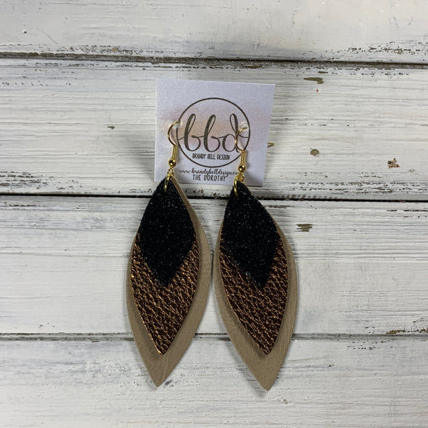 DOROTHY -  Leather Earrings  ||   <BR> SHIMMER BLACK, <BR> METALLIC BRONZE PEBBLED, <BR> PEARLIZED IVORY