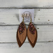 DOROTHY -  Leather Earrings  ||   <BR> PINK & GOLD GLITTER (FAUX LEATHER), <BR> SALMON BRAID, <BR> METALLIC ROSE GOLD SMOOTH
