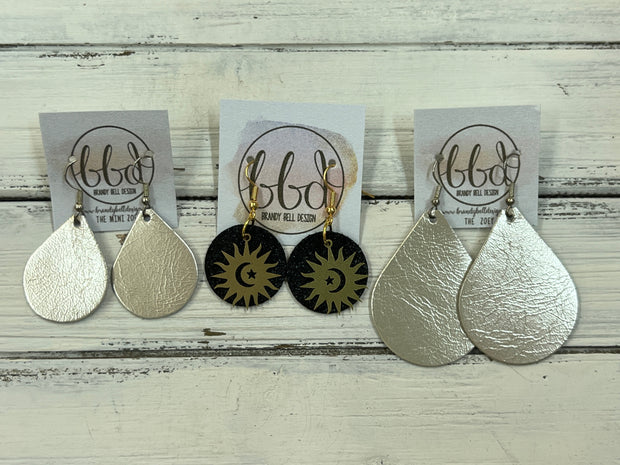 SUEDE + STEEL *Limited Edition* COLLECTION || Leather Earrings ||  <br> SILVER METAL SUN, MOON & STARS || <br> MATTE BLACK