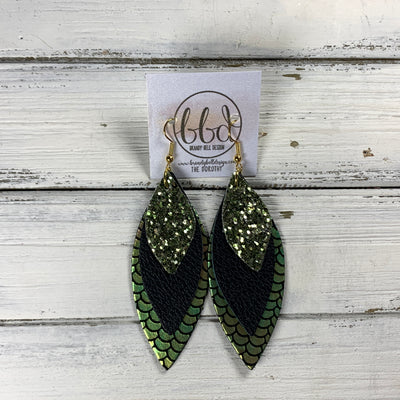 DOROTHY -  Leather Earrings  ||   <BR> OLIVE GLITTER (FAUX LEATHER), <BR> MATTE BLACK, <BR> METALLIC PINK/GREEN MERMAID