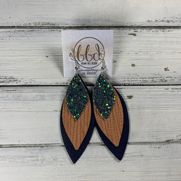 DOROTHY -  Leather Earrings  ||   <BR> FOREST GLITTER (FAUX LEATHER), <BR> PEACH PALMS, <BR> MATTE NAVY* BLUE