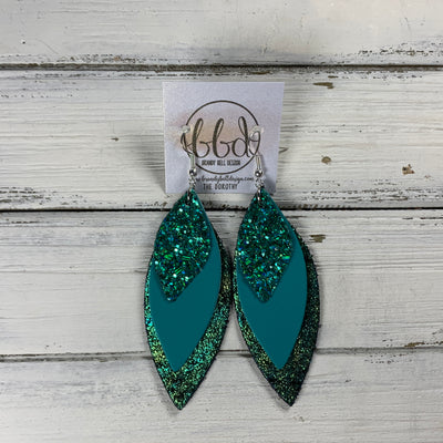 DOROTHY -  Leather Earrings  ||   <BR> EMERALD BAY GLITTER (FAUX LEATHER), <BR> MATTE TEAL SMOOTH, <BR> IRIDESCENT SHIMMER GREEN/GOLD