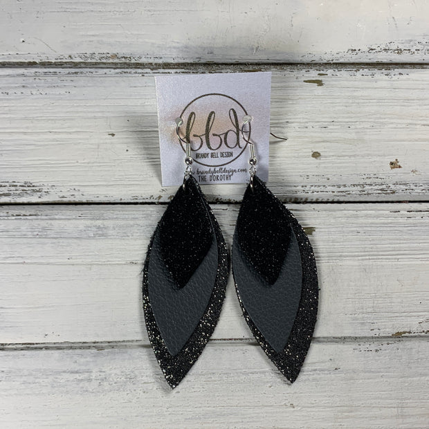 DOROTHY -  Leather Earrings  ||   <BR> SHIMMER BLACK, <BR> MATTE DARK GRAY, <BR> SHIMMER PEWTER