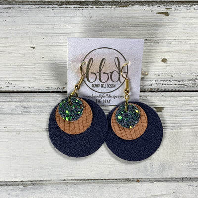 GRAY -  Leather Earrings  ||   <BR> FOREST GLITTER (FAUX LEATHER), <BR> PEACH PALMS, <BR> MATTE NAVY* BLUE