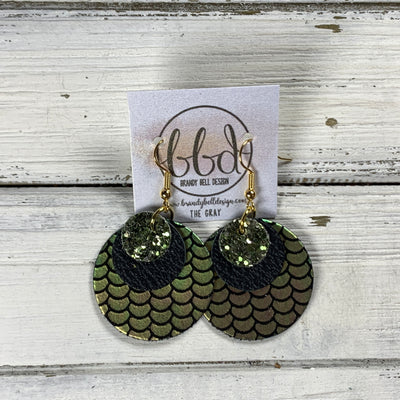GRAY -  Leather Earrings  ||   <BR> OLIVE GLITTER (FAUX LEATHER), <BR> MATTE BLACK, <BR> METALLIC PINK/GREEN MERMAID