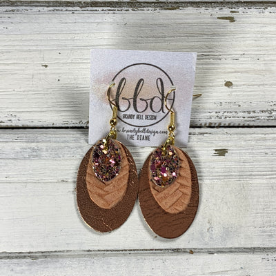 DIANE -  Leather Earrings  ||   <BR> PINK & GOLD GLITTER (FAUX LEATHER), <BR> SALMON BRAID, <BR> METALLIC COPPER SMOOTH