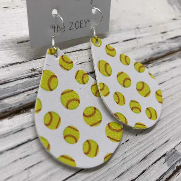 ZOEY (3 sizes available!) - FAUX Leather Earrings (Not real leather) WITH FELT BACK  ||  WHITE SOFTBALL