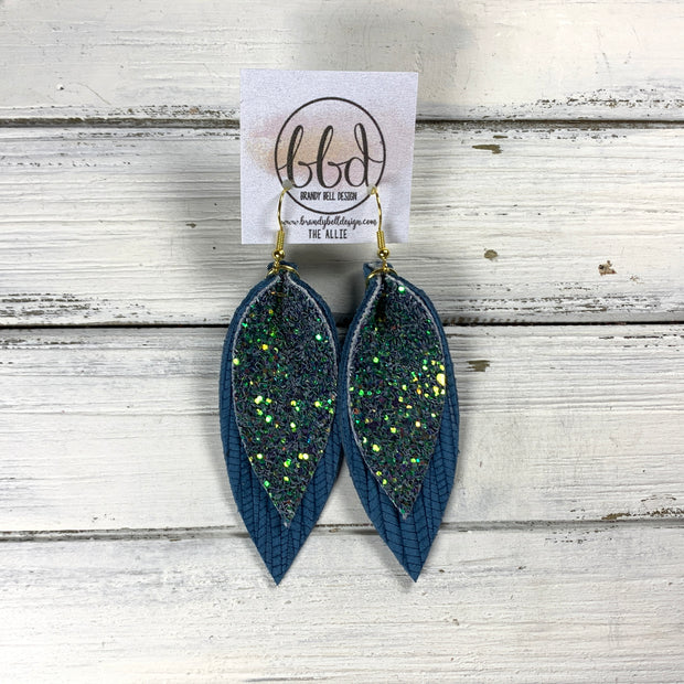 ALLIE -  Leather Earrings  ||   <BR> FOREST GLITTER (FAUX LEATHER), <BR> TEAL PALMS