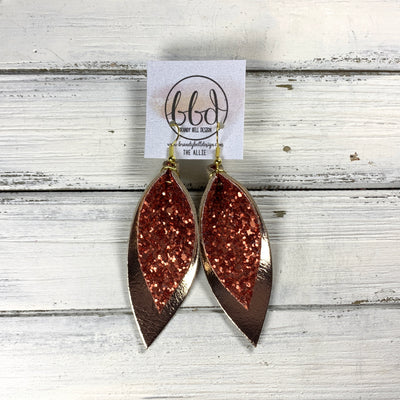 ALLIE -  Leather Earrings  ||   <BR> RUST GLITTER (FAUX LEATHER), <BR> METALLIC ROSE GOLD SMOOTH