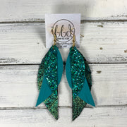ANDY -  Leather Earrings  ||   <BR> EMERALD BAY GLITTER (FAUX LEATHER), <BR> MATTE TEAL SMOOTH, <BR> IRIDESCENT SHIMMER GREEN/GOLD