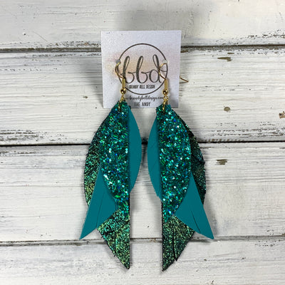 ANDY -  Leather Earrings  ||   <BR> EMERALD BAY GLITTER (FAUX LEATHER), <BR> MATTE TEAL SMOOTH, <BR> IRIDESCENT SHIMMER GREEN/GOLD