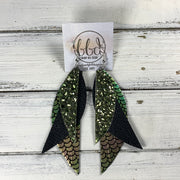 ANDY -  Leather Earrings  ||   <BR> OLIVE GLITTER (FAUX LEATHER), <BR> MATTE BLACK, <BR> METALLIC PINK/GREEN MERMAID
