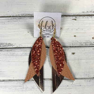 ANDY -  Leather Earrings  ||   <BR> RUST GLITTER (FAUX LEATHER), <BR> MATTE PEACH TEXTURE <BR> METALLIC ROSE GOLD SMOOTH