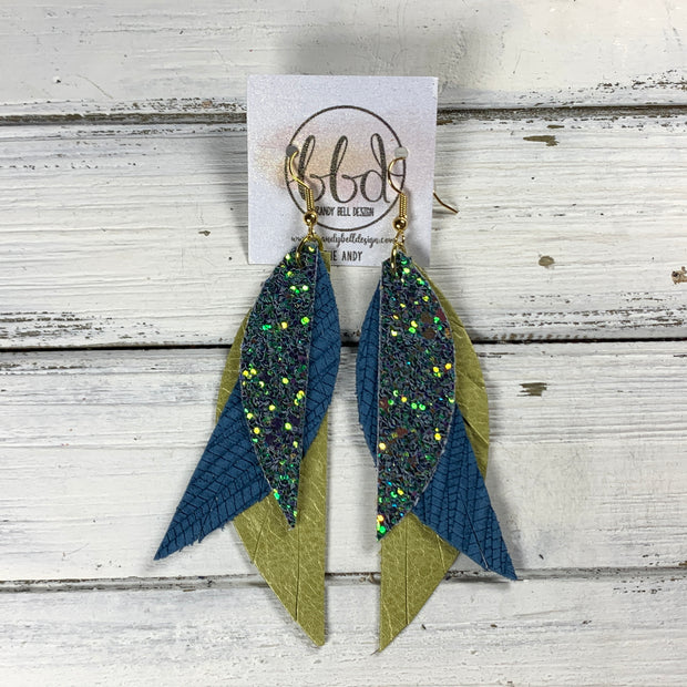ANDY -  Leather Earrings  ||   <BR> FOREST GLITTER (FAUX LEATHER), <BR> TEAL PALMS, <BR> PEARLIZED OCHRE