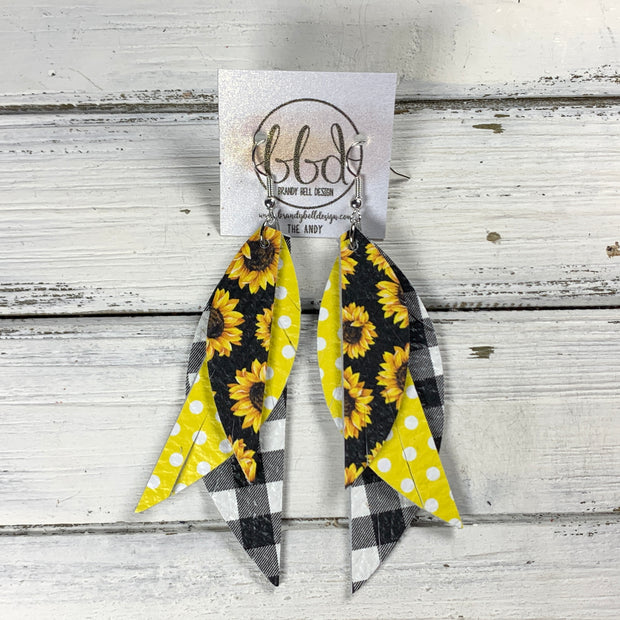 ANDY -  Leather Earrings  ||   <BR> SUNFLOWERS ON BLACK, <BR> BRIGHT YELLOW POLKADOTS, <BR> PETITE BLACK & WHITE BUFFALO PLAID