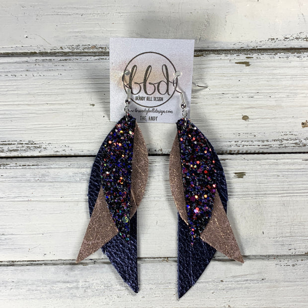 ANDY -  Leather Earrings  ||   <BR> CITY LIGHTS GLITTER (FAUX LEATHER), <BR> SHIMMER VINTAGE PINK, <BR> METALLIC NAVY PEBBLED
