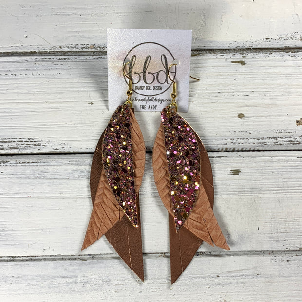 ANDY -  Leather Earrings  ||   <BR> PINK & GOLD GLITTER (FAUX LEATHER), <BR> SALMON BRAID, <BR> METALLIC COPPER SMOOTH