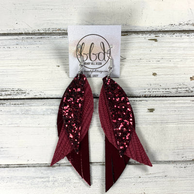 ANDY -  Leather Earrings  ||   <BR> BURGUNDY GLITTER (FAUX LEATHER), <BR> BURGUNDY PALMS, <BR> METALLIC BURGUNDY SMOOTH