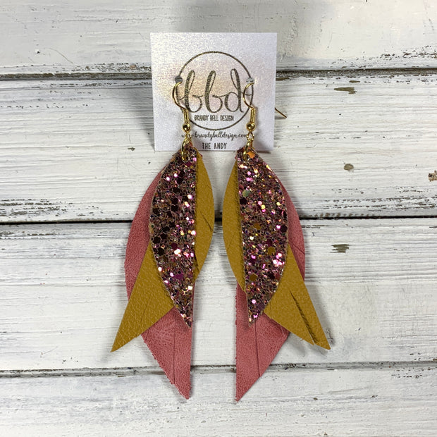 ANDY -  Leather Earrings  ||   <BR> PINK & GOLD GLITTER (FAUX LEATHER), <BR> MATTE MUSTARD, <BR> DISTRESSED SALMON