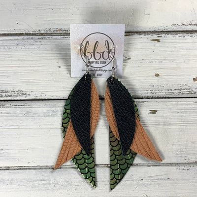 ANDY - Leather Earrings  ||    <BR> MATTE BLACK, <BR>  PEACH PALMS, <BR> METALLIC PINK/GREEN MERMAID