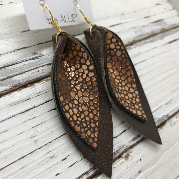 ALLIE -  Leather Earrings  ||  METALLIC COPPER DRIPS, PEARLIZED BROWN