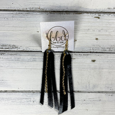 AVA - Leather Earrings  ||    <BR> METALLIC BLACK SMOOTH (*Choose Chain finish)