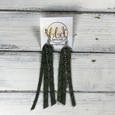 AVA - Leather Earrings  ||    <BR> OLIVE GREEN BRAID (*Choose Chain finish)