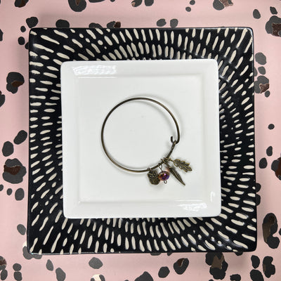 BANGLE BRACELET  || BRONZE <BR> PURPLE BEAD WITH OWL, FEATHER & LEAVES