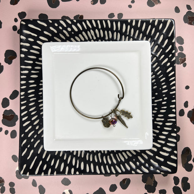 BANGLE BRACELET  || BRONZE <BR> PURPLE BEAD WITH OWL, FEATHER & LEAVES