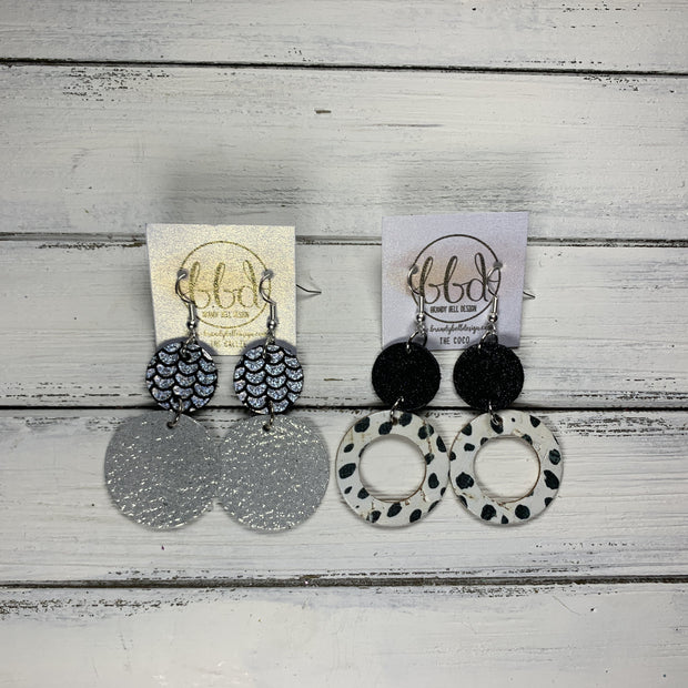 COCO -  Leather Earrings  ||  <BR> BLACK & WHITE SPOTS, <BR> SHIMMER BLACK