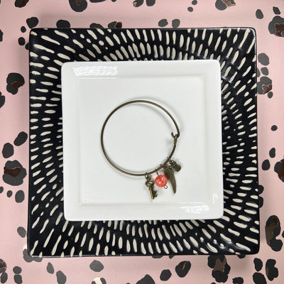 BANGLE BRACELET  || BRONZE <BR> RED/ORANGE BEAD WITH KEY, FEATHER & OWL
