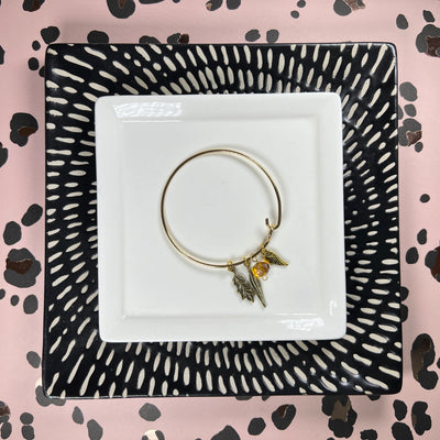 BANGLE BRACELET  || GOLD <BR> AMBER BEAD WITH LEAVES, WING & FEATHER