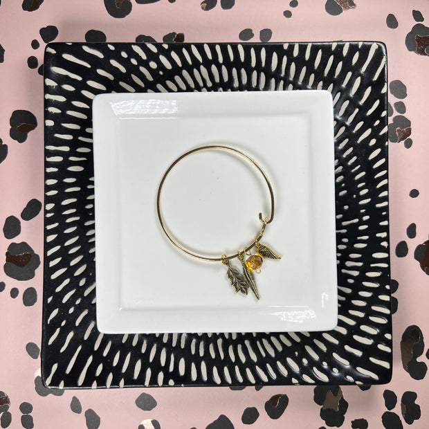 BANGLE BRACELET  || GOLD <BR> AMBER BEAD WITH LEAVES, WING & FEATHER