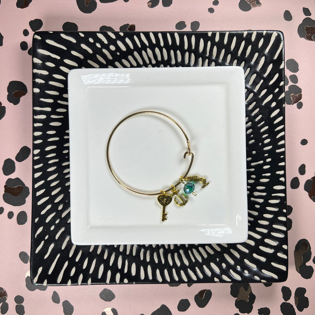 BANGLE BRACELET  || GOLD <BR> EMERALD BEAD WITH KEY, ANCHOR & MERMAID