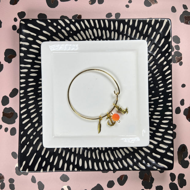 BANGLE BRACELET  || GOLD <BR> ORANGE BEAD WITH FEATHER, ANCHOR & MERMAID