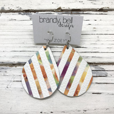 ZOEY (3 sizes available!) -  Leather Earrings  || MATTE WHITE WITH WATERCOLOR STRIPES