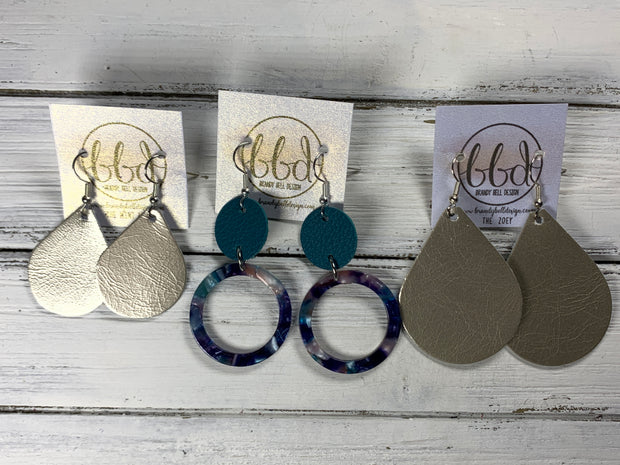 ACRYLIC & LEATHER *LIMITED EDITION* - Leather Earrings  ||    <BR> MATTE DARK TEAL, <BR> BLUE ACRYLIC CIRCLE