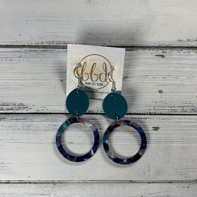 ACRYLIC & LEATHER *LIMITED EDITION* - Leather Earrings  ||    <BR> MATTE DARK TEAL, <BR> BLUE ACRYLIC CIRCLE