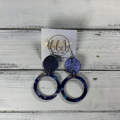 ACRYLIC & LEATHER *LIMITED EDITION* - Leather Earrings  ||    <BR> METALLIC NAVY* PEBBLED, <BR> BLUE ACRYLIC CIRCLE