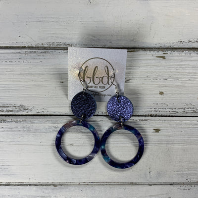 ACRYLIC & LEATHER *LIMITED EDITION* - Leather Earrings  ||    <BR> METALLIC NAVY* PEBBLED, <BR> BLUE ACRYLIC CIRCLE