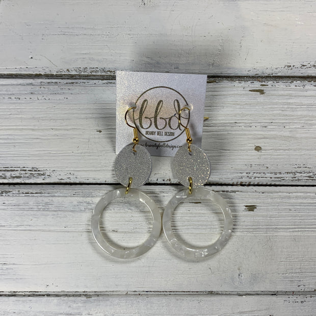 ACRYLIC & LEATHER *LIMITED EDITION* - Leather Earrings  ||    <BR> SHIMMER ROSE GOLD, <BR> WHITE ACRYLIC CIRCLE