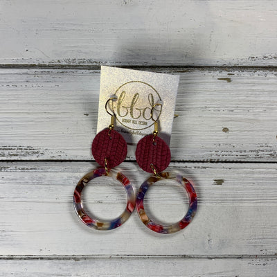 ACRYLIC & LEATHER *LIMITED EDITION* - Leather Earrings  ||    <BR> BURGUNDY PALMS, <BR> RED/BLUE ACRYLIC CIRCLE