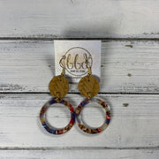 ACRYLIC & LEATHER *LIMITED EDITION* - Leather Earrings  ||    <BR> MUSTARD BRAID, <BR> RED/BLUE ACRYLIC CIRCLE
