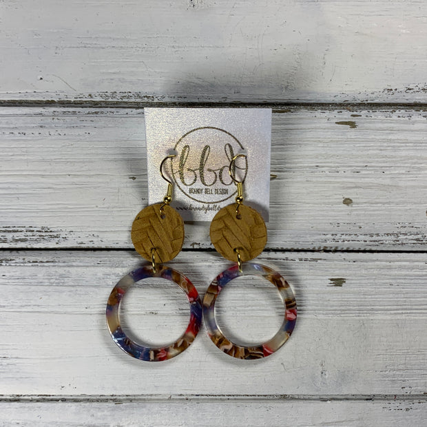ACRYLIC & LEATHER *LIMITED EDITION* - Leather Earrings  ||    <BR> MUSTARD BRAID, <BR> RED/BLUE ACRYLIC CIRCLE