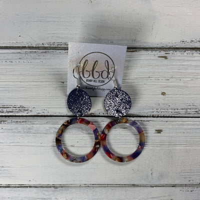 ACRYLIC & LEATHER *LIMITED EDITION* - Leather Earrings  ||    <BR> SHIMMER NAVY BLUE, <BR> RED/BLUE ACRYLIC CIRCLE