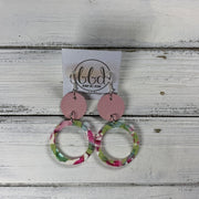 ACRYLIC & LEATHER *LIMITED EDITION* - Leather Earrings  ||    <BR> MATTE LIGHT PINK, <BR> PINK/GREEN ACRYLIC CIRCLE