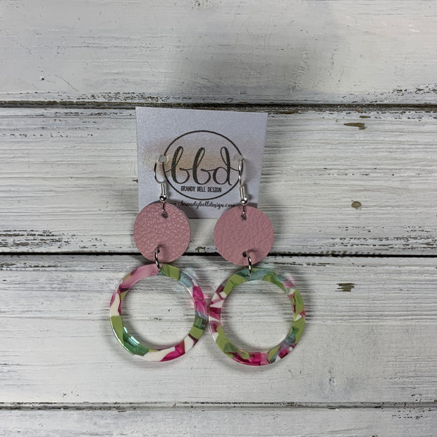 ACRYLIC & LEATHER *LIMITED EDITION* - Leather Earrings  ||    <BR> MATTE LIGHT PINK, <BR> PINK/GREEN ACRYLIC CIRCLE
