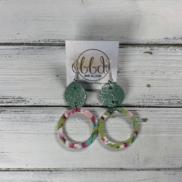 ACRYLIC & LEATHER *LIMITED EDITION* - Leather Earrings  ||    <BR> SHIMMER MINT, <BR> PINK/GREEN ACRYLIC CIRCLE