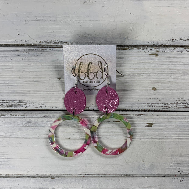 ACRYLIC & LEATHER *LIMITED EDITION* - Leather Earrings  ||    <BR> SHIMMER PINK, <BR> PINK/GREEN ACRYLIC CIRCLE