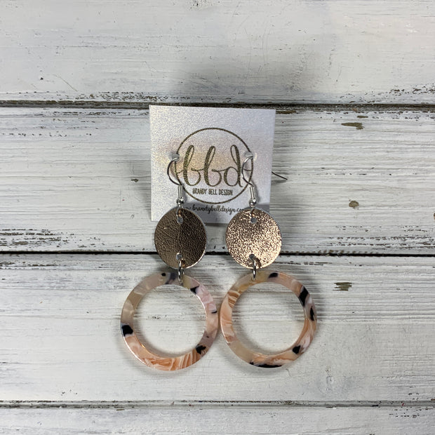 ACRYLIC & LEATHER *LIMITED EDITION* - Leather Earrings  ||    <BR> METALLIC ROSE GOLD SMOOTH, <BR> BLUSH ACRYLIC CIRCLE